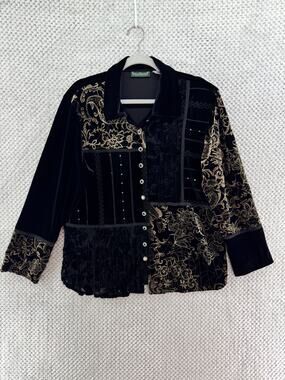VTG Harve benard Velvet Burn out Patch Jacket Women XL Black Sequin Tapestry